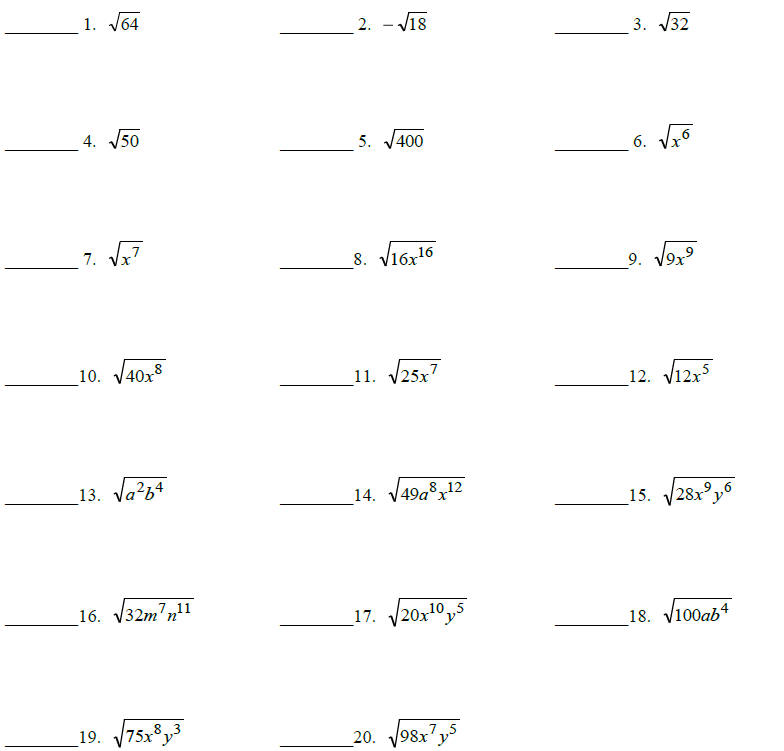 Free worksheets on simplifying square roots